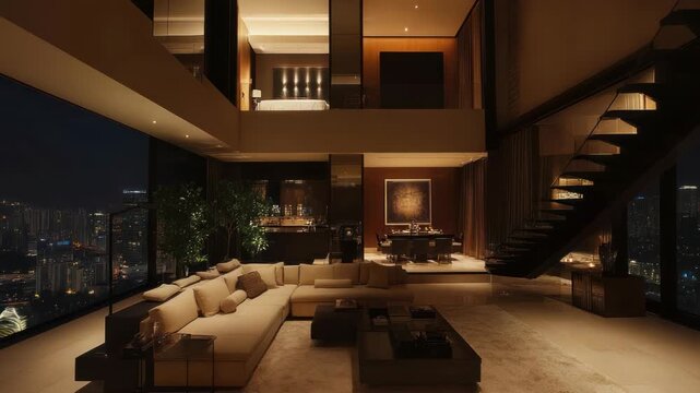 Modern luxury penthouse interior with expansive city views at night. Features open design, multiple levels, stairs