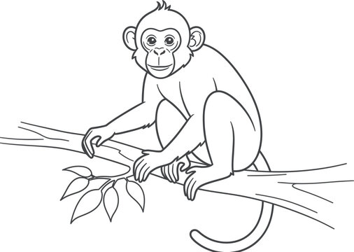 Cute cartoon monkey sitting peacefully on a tree branch, looking directly at the viewer, ready for children to color and learn about jungle animals and wildlife.