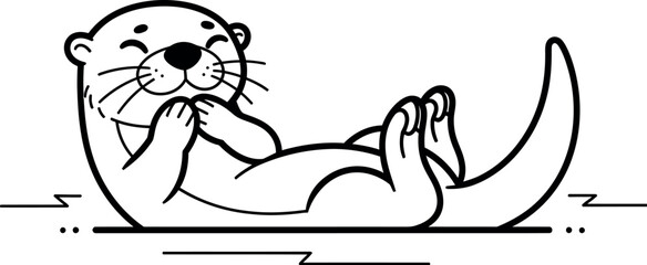 Fototapeta premium A delightful and charming cartoon otter illustration happily floating on its back, capturing a moment of playful relaxation and joy in a minimalist black and white line art style.