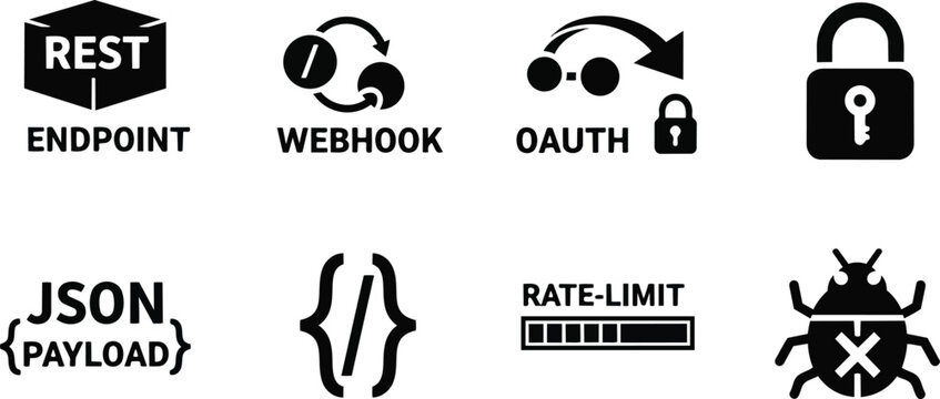 Flat icon vector art black and white api security icons set for coloring book with endpoint webhook oauth lock json payload rate limit bug braces minimalist