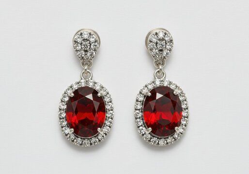 Elegant oval red gemstone and diamond dangle earrings isolated on white background