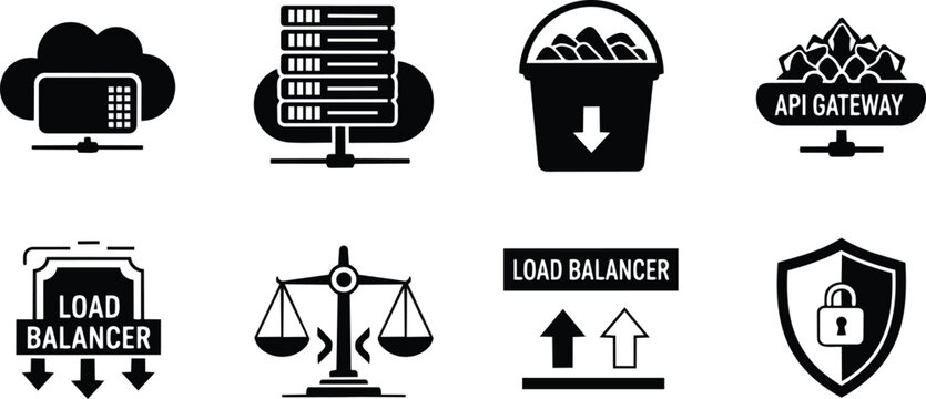 Minimalist vector icon set for coloring book showing cloud server stack bucket api gateway load balancer scales security shield simple bold outlines isolated white background education