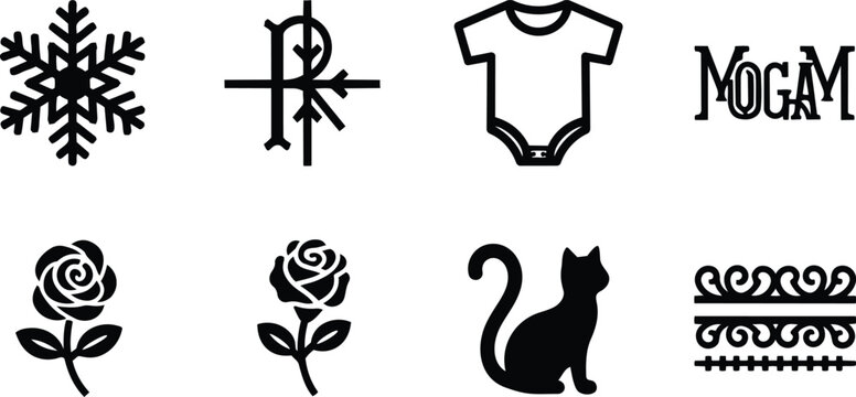 Minimalist vector icons close up snowflake rose cat baby onesie monogram ornamental border set for coloring book bold simple line art flat design black outline isolated