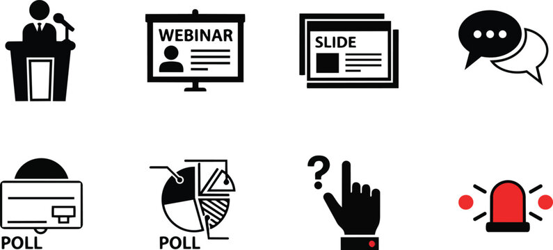 Vector icon set webinar presentation speaker slides poll chat hand pointer alert symbols for coloring book simple outline style close up front angle black white minimal