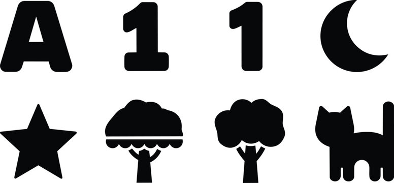 Simple vector icon set for a coloring book featuring letter a and number one crescent moon star two trees and cat silhouettes in black outline style