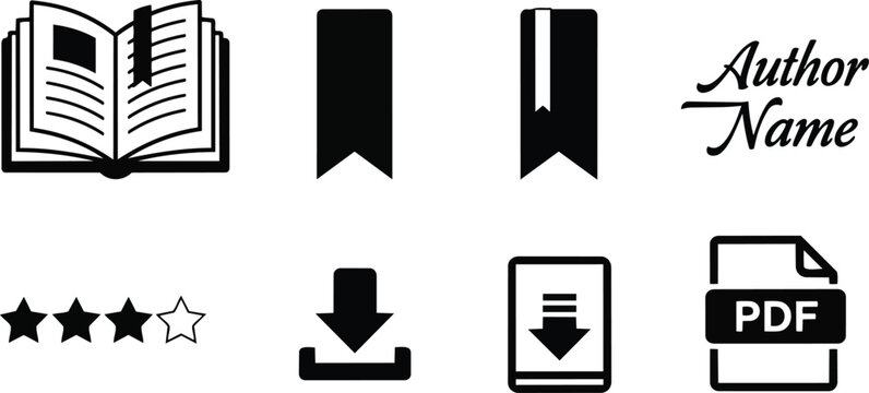 Vector art flat icons book and bookmark download symbols set for coloring book with open book stars pdf badge and ebook arrow tablet ribbon label outline