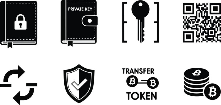 Minimalist vector icon set for coloring book showing crypto wallet private key physical key qr code coin token transfer shield security exchange arrows stack coins simple