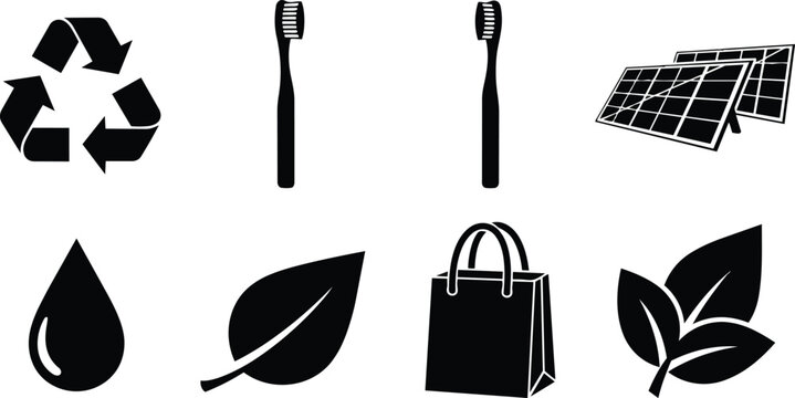 Minimalist vector icons eco set for coloring book featuring recycle solar panel toothbrush water drop single leaf shopping bag multiple leaves arranged in grid bold outlines