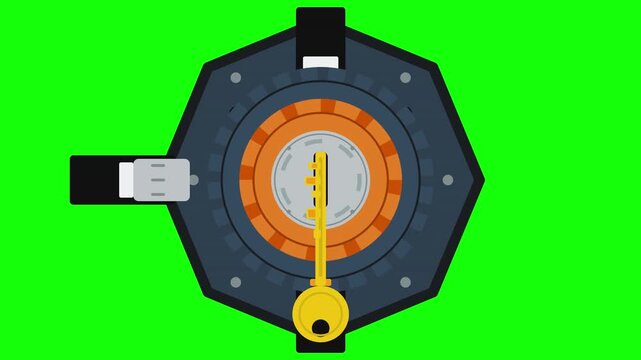 Animated Key Unlocks a Futuristic Lock on a Green Screen Background.