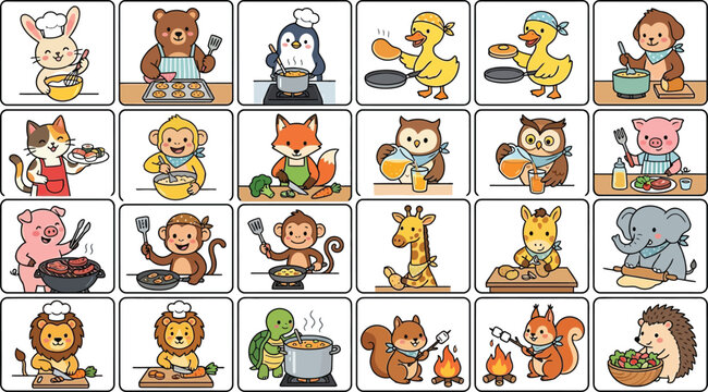 Cute animals cooking and preparing food in cartoon style with chefs hats and aprons including bunny bear penguin duck monkey cat pig giraffe elephant lion turtle squirrel hedgehog fox and owl