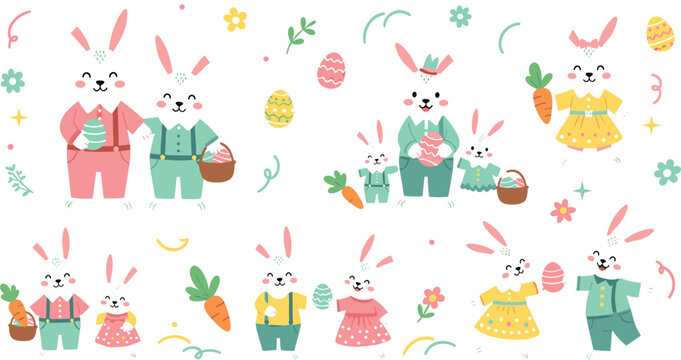 Cute Easter bunny family characters with eggs, carrots and spring outfits adorable cartoon animal vector illustration collection