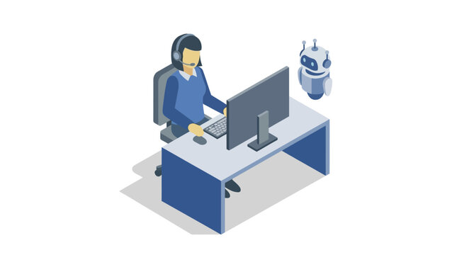 Isometric Customer Service Agent with AI Chatbot at Contact Center Desk - Modern Tech Support Illustration