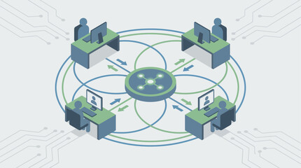Obraz premium Isometric Contact Center Network with Connected Customer Service Agents and Central Data Hub, Modern Tech Support Communication System