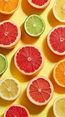 Fototapeta premium Vibrant citrus slices arranged on a sunny yellow backdrop