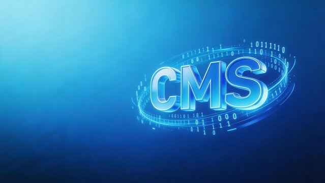 CMS logo with binary code on blue background