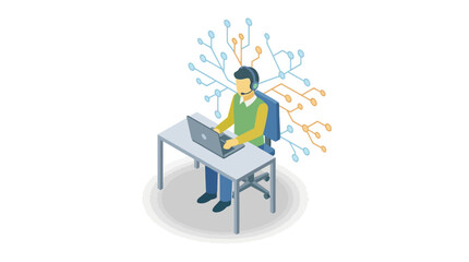 Fototapeta premium Isometric Customer Service Representative Working at Contact Center with Digital Network Connections, Tech Support Agent Using Laptop and Headset