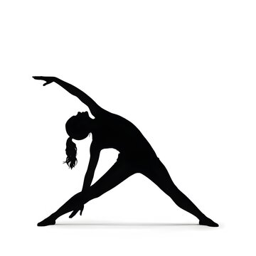 Black silhouette of a flexible woman practicing yoga triangle pose on white background.