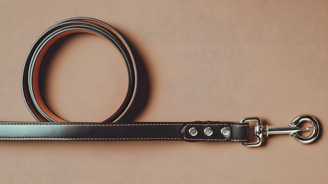 Elegant dark brown leather dog leash coiled neatly with a polished metal clasp on a neutral background