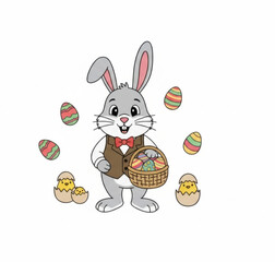 Fototapeta premium Cute Easter Bunny Holding Basket Of Colorful Eggs With Hatching Chicks Cartoon Illustration
