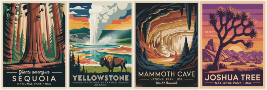 Vintage-style national park poster set featuring Sequoia, Yellowstone, Mammoth Cave, and Joshua Tree. Bold retro landscapes in flat vector style, perfect for travel wall art decor