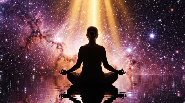 Person meditating in cosmic setting