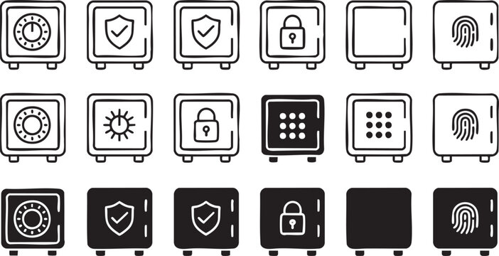 Set of safe box icons with different lock types like dial keypad and fingerprint