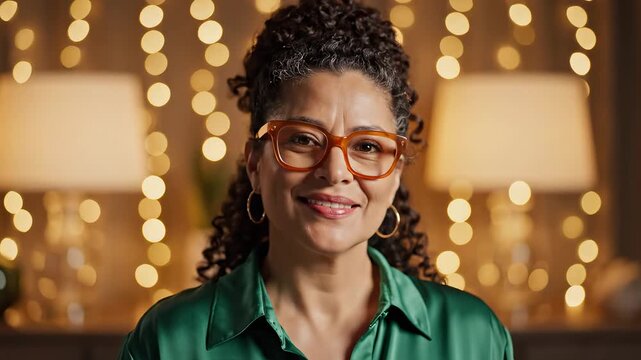 Woman with curly hair wearing glasses