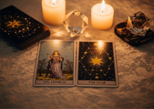 Divination spread featuring classic Rider Waite Empress and Star tarot birth cards with glowing candles and crystals