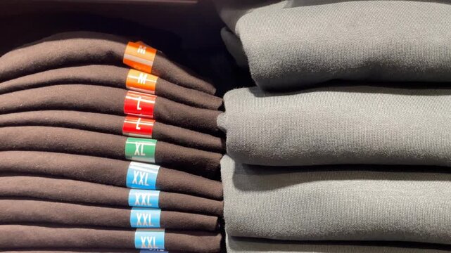 Stacked folded shirts in various sizes on display, arranged by color for easy selection