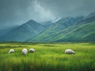 Naklejka premium Sheep Graze in a Green Field With Mountains Under a Cloudy Sky
