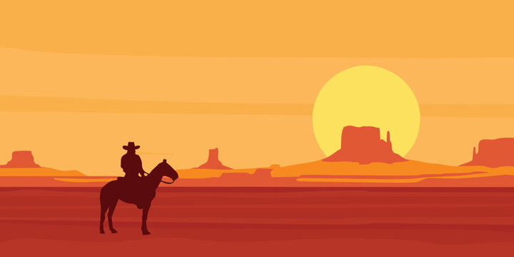 Vector landscape with wild American prairies and silhouette of a cowboy riding a horse at sunset or dawn. Decorative illustration on the theme of the Wild West vector illustration.
