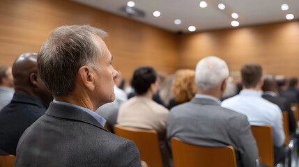 Fototapeta premium Diverse group of people attentively listening during a professional presentation in a modern conference hall
