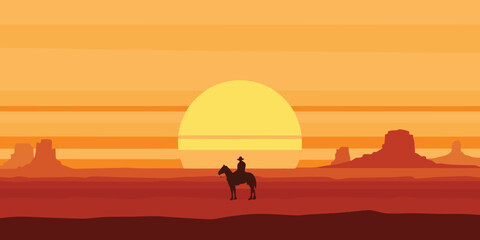Vector landscape with wild American prairies and silhouette of a cowboy riding a horse at sunset or dawn. Decorative illustration on the theme of the Wild West vector illustration. © Rabin