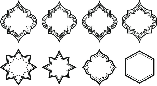 Islamic geometric frame icons set arabesque pattern decorative borders ornamental shapes vector illustration traditional design elements isolated black and white collection