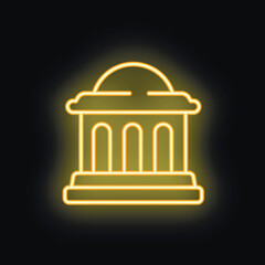 Naklejka premium Neon yellow icon of a government building with columns and a dome, glowing on a black background