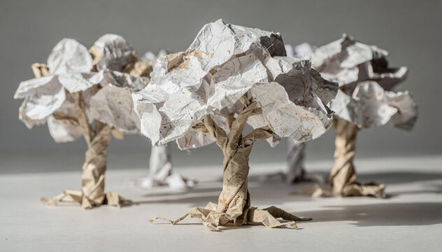 Rustic Paper Tree Models on White Surface - Handmade Craft Art Display