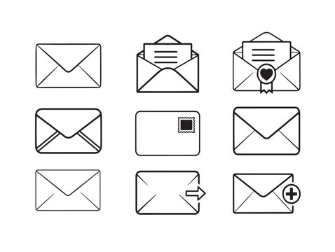 A collection of various envelope icons in different styles and states