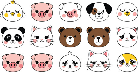 Cartoon animal faces icons set, cute chick pig dog panda cat bear expressions, playful emotive artwork, flat vector illustration © MdMehedi