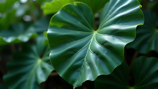 Close-up of a large vibrant green elephant ear plant leaf with prominent veins.