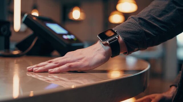 Hand with smartwatch hovering over a payment terminal on a modern counter, engaging in a swift and secure contactless transaction in a blurred cafe environment