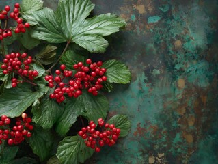 Fototapeta premium Bunch of Red Berries on Green Leaves Resting on a Textured Surface in Natural Light During Daytime