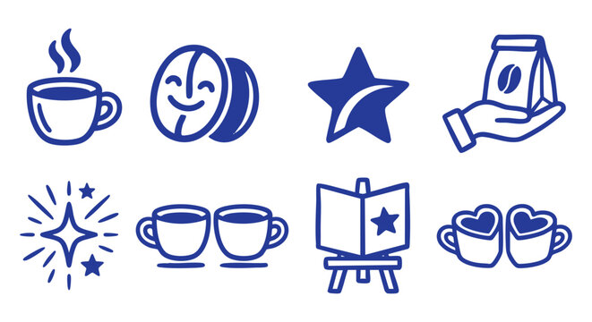 Line art coffee menu cup sizes illustration. Cortado espresso and latte mug outline icons. Flat blue EPS vector layout element set. Hot beverage doodle symbols for cafe shops. 