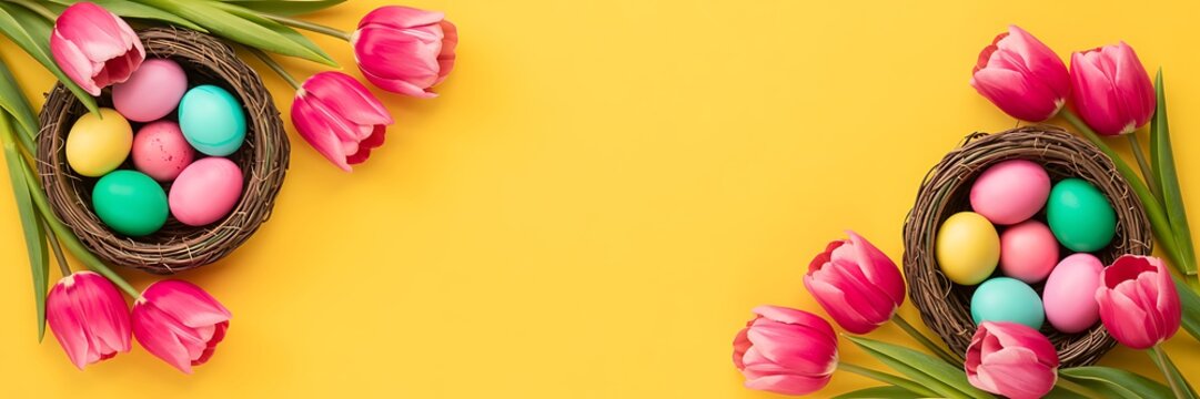 Colorful easter eggs in nests with pink tulips on yellow background