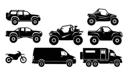 Off road vehicle silhouettes set with 4x4 suv truck atv and adventure transport vector collection © MSTNASIMABEGUM
