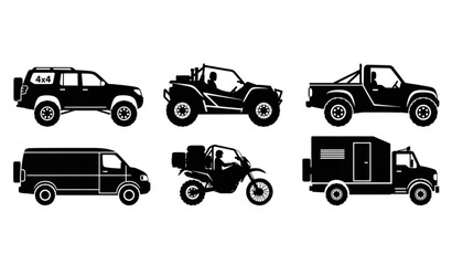 Fototapeta premium Off road vehicle silhouettes set with 4x4 suv truck atv and adventure transport vector collection