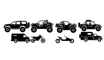 Off road vehicle silhouettes set with 4x4 suv truck atv and adventure transport vector collection © MSTNASIMABEGUM