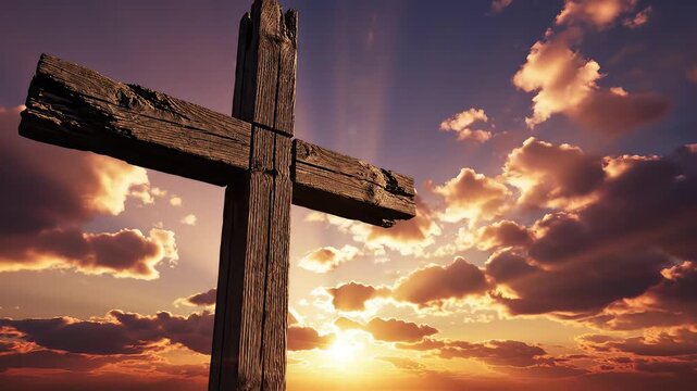 Wooden cross at sunset