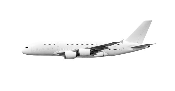 Side profile of White Airplane Airbus A380 passenger jet liner showing powerful engines isolated on a transparent background for airline marketing corporate travel and aircraft fleet display