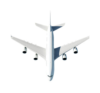 Top view of White Airplane Airbus A380 double decker wide body jet flying isolated on a transparent background for aviation design commercial airline transportation and travel industry graphics