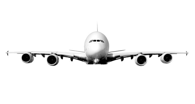 Close Up Front Perspective White Airplane Airbus A380 Giant Passenger Aircraft Isolated on a transparent background. Modern Aviation Technology Heavy Jet for Long Haul Flights Illustration.